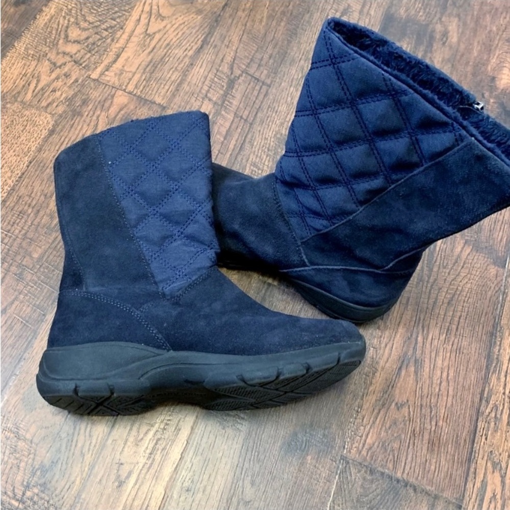 Ladies Lands’ End Dark Navy Blue  quilted Suede Mid-calf zip-up Winter Boots 7.5